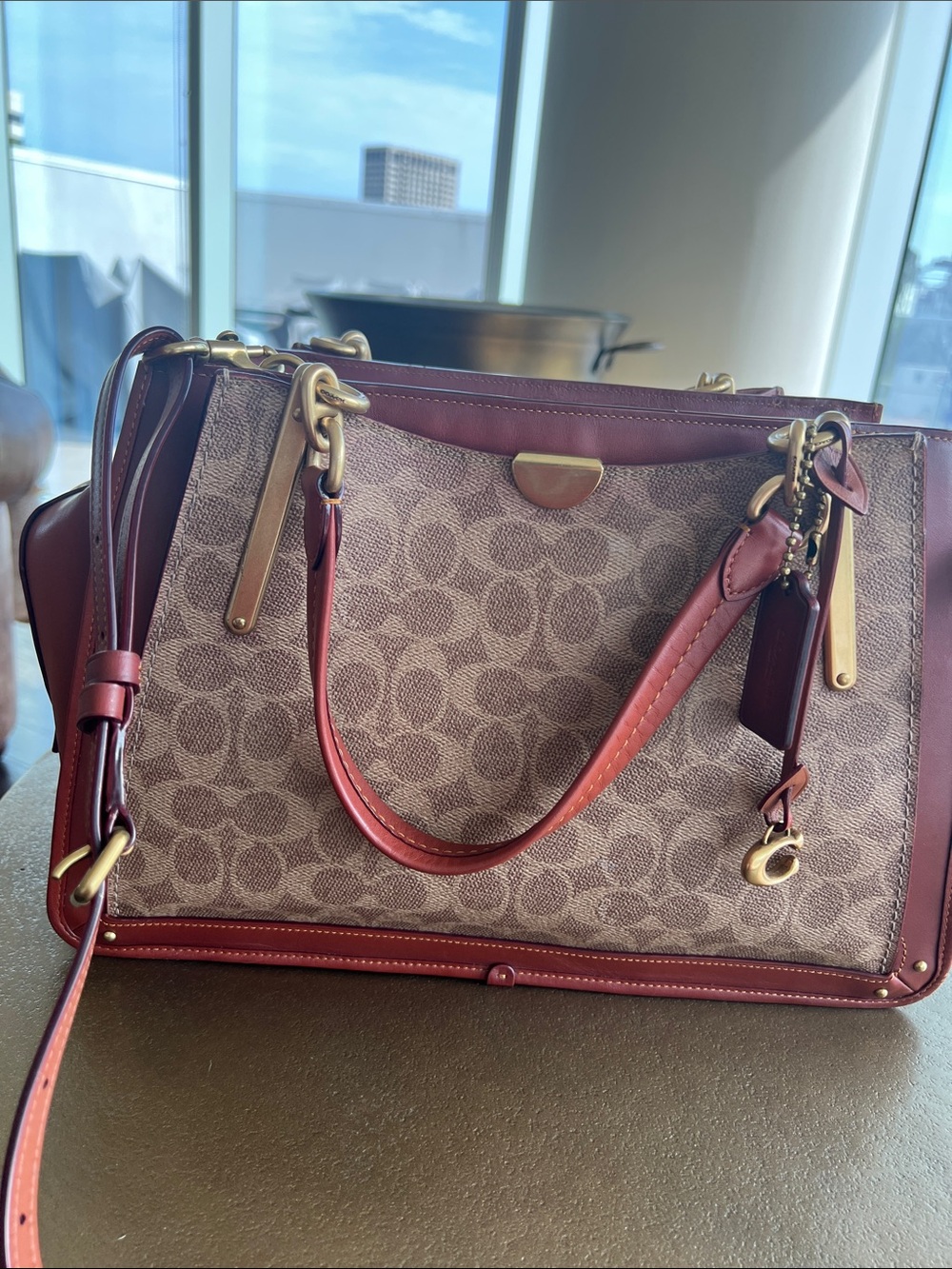 Coach Brown Signature Monogram Satchel with Burgundy Trim